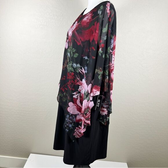 Floral Chiffon Cape Popover Sheath Dress Overlay Black Red Pink Knee Length 18W - Picture 6 of 16